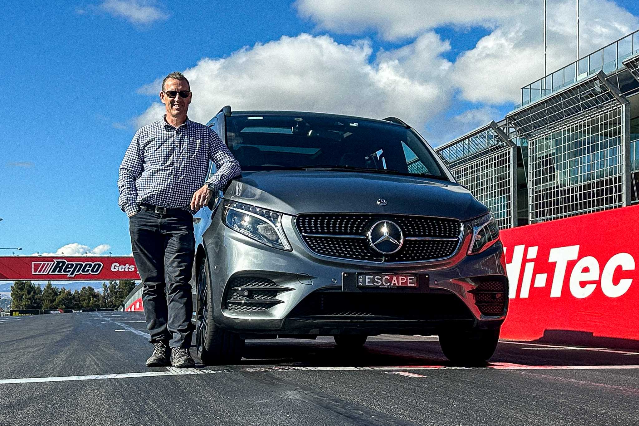 Mount Panorama Racing Circuit Dave, Escape Scenes guide, with the Mercedes V-Class used for private Sydney tours currently at Bathurst NSW.